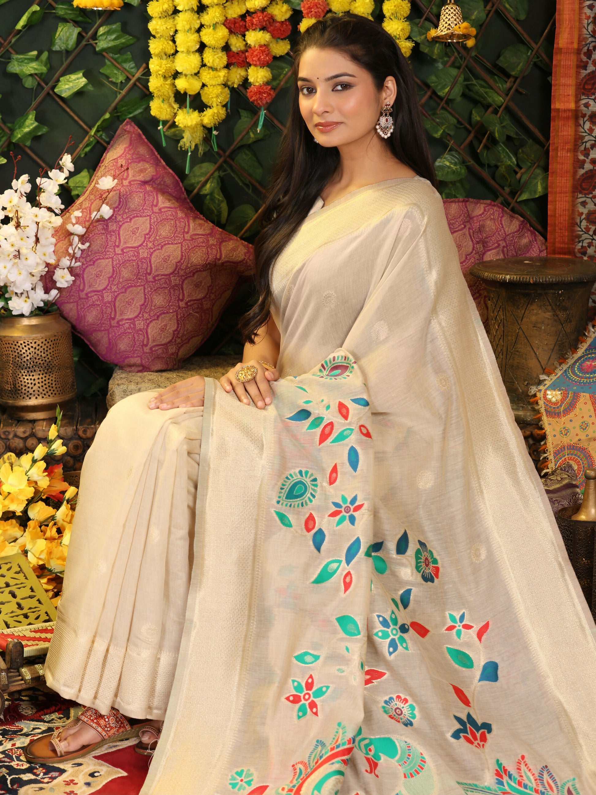 Shree Shyam Fashion Linen Cotton Cream Saree - Distacart