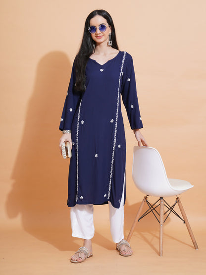 Pahnaz Luxury Rayon Chikankari Long Kurti-Blue - Dista