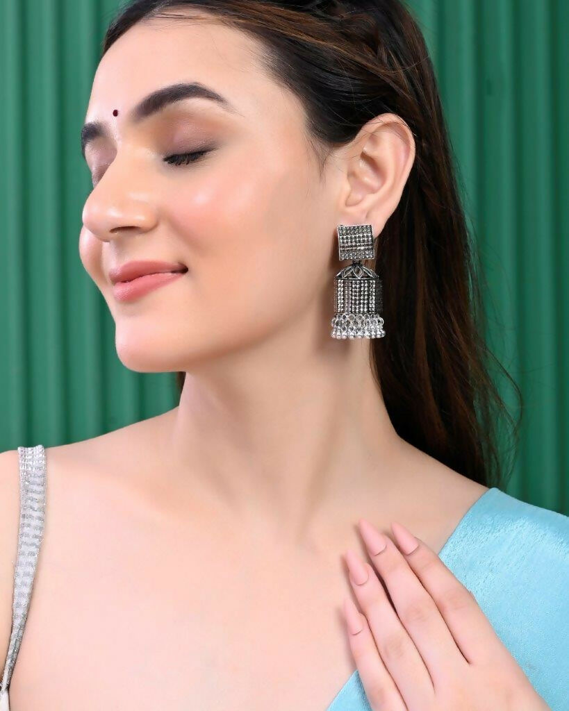 VOJ Black-Toned AD Studded Square Dome Shaped Jhumka Earrings - Distacart