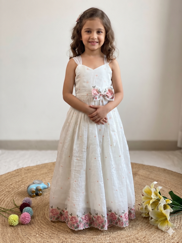 Teeya Creation New Latest Girls Sage Green Crinkled Silk Festive Gown with Handcrafted Bow and Lotus Cutwork Border - Dista