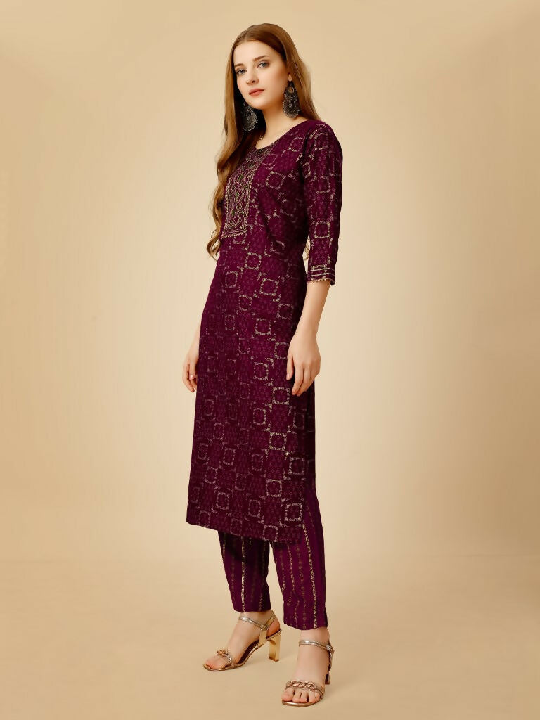 Jyoti Fashion Women's Wine Viscose Rayon Embroidered Kurta Pant Set - Distacart