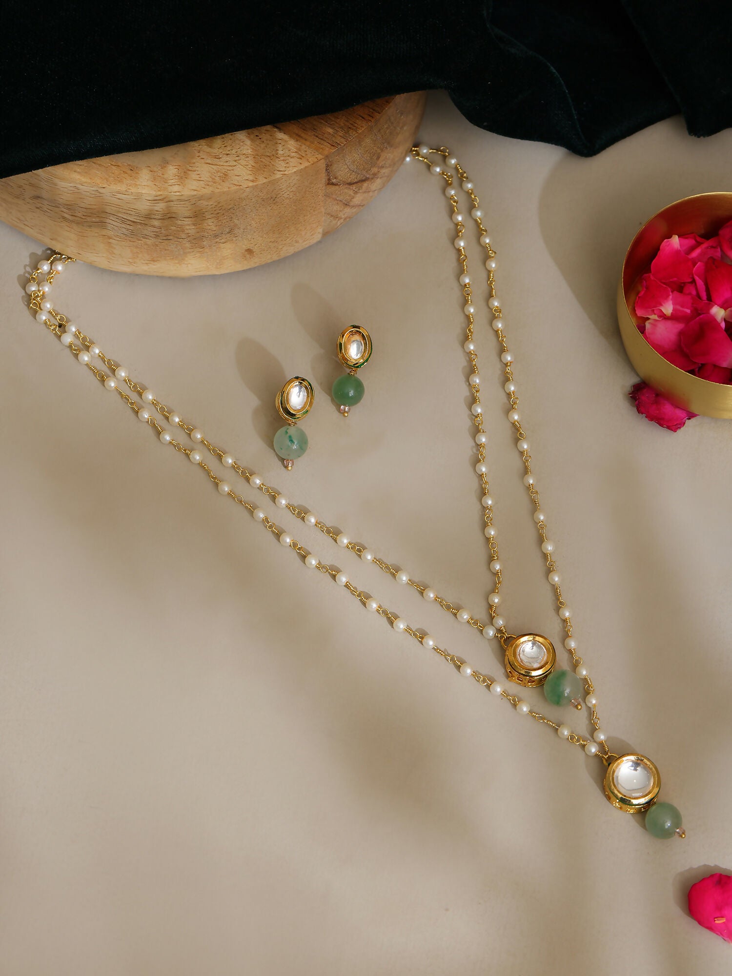 Ruby Raang Green Aventurine & Kundan Necklace with Studs - Distacart