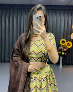 Thumbnail for Preksha Creation Indian Traditional Touch Up For Wedding Cotton Fabric With Zigzag Print And Foil Work Women Lehenga Choli - Brown - Distacart