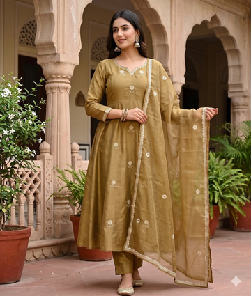 Teeya Creation Festive Gold-Olive Green Anarkali Kurta Pant Set For Women - Dista