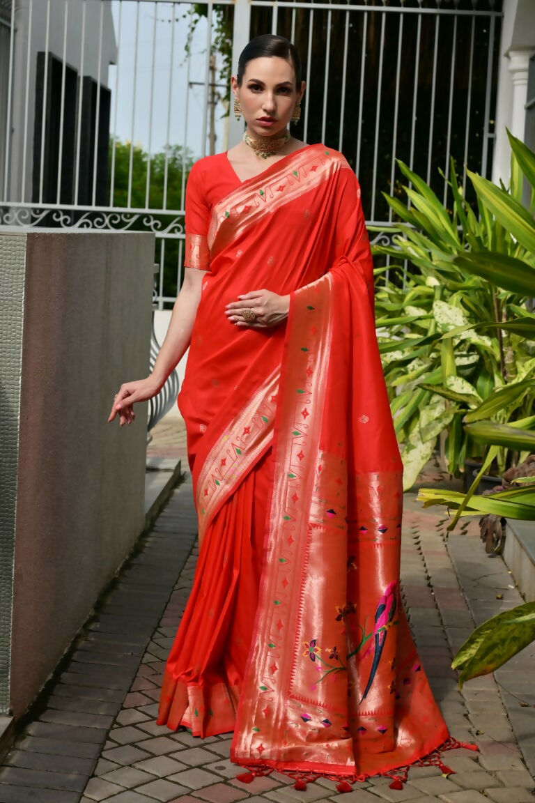 Vishnu Weaves Women's Red Paithani Silk Zari Woven Saree with Blouse