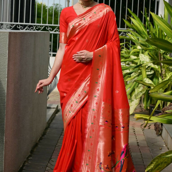 Vishnu Weaves Women's Red Paithani Silk Zari Woven Saree with Blouse