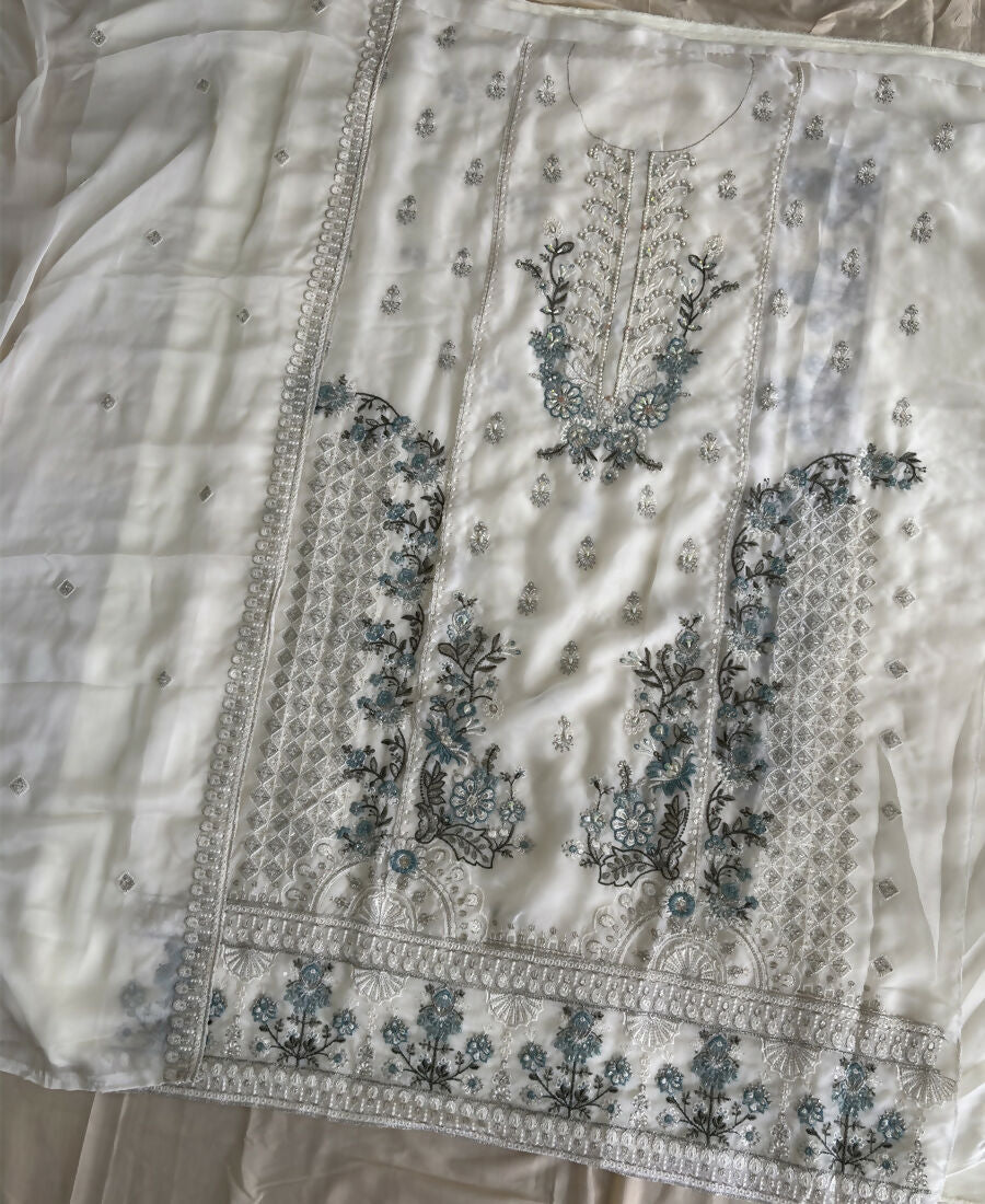 KC Heavy Chiffon Silk White Hand Embroidered Straight Suit For Women Wedding - Dista