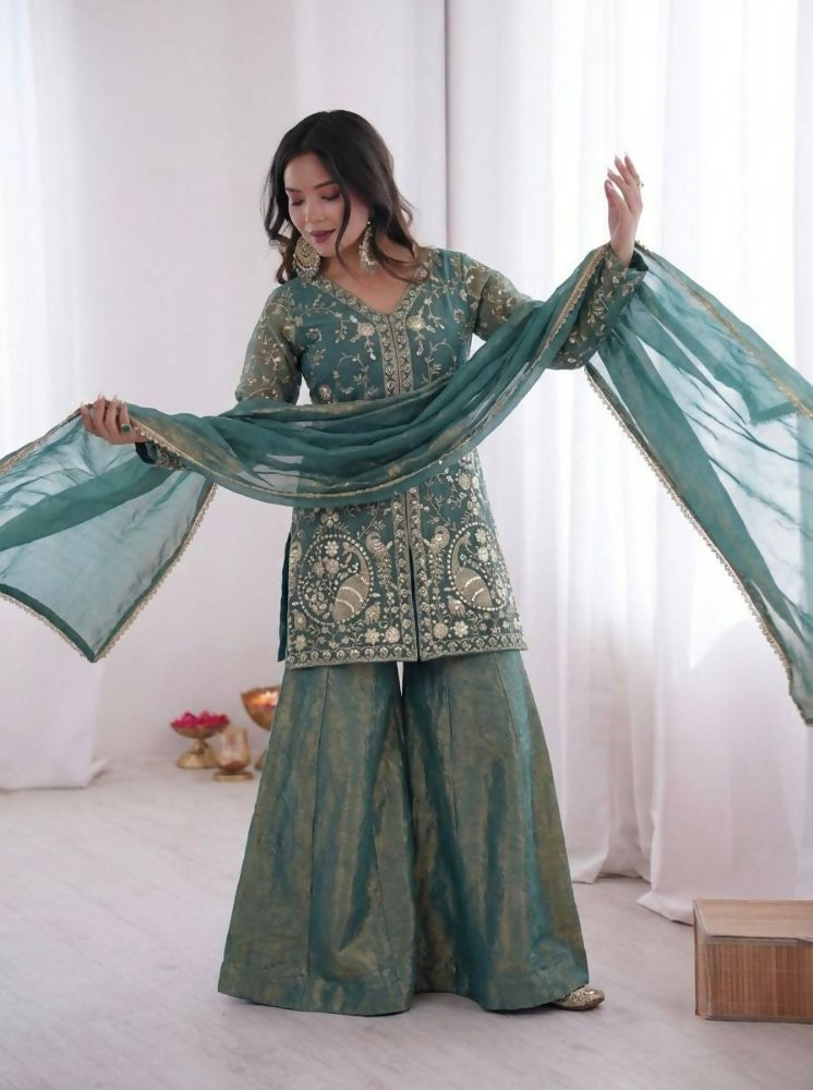 Teeya Creation Teal Color Fendy Silk Embroidery Work Wedding Wear Salwar Suit - Distacart