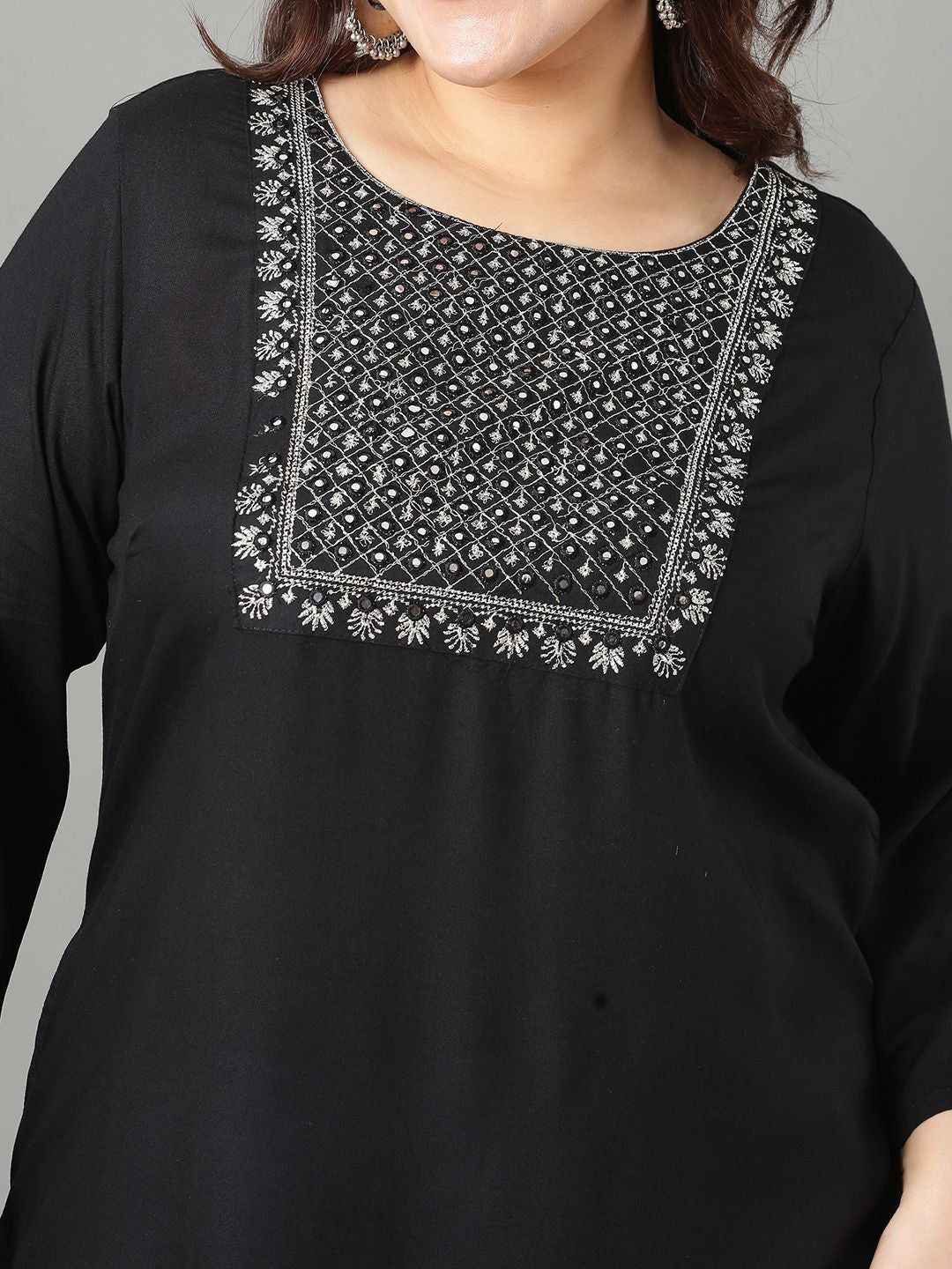 Sztori Plus Size Floral Yoke Design Mirror Work Straight Kurta - Distacart