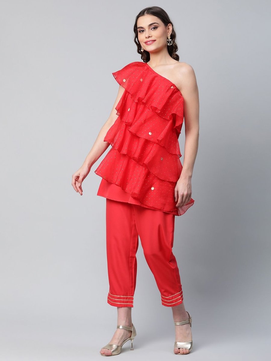 Ahalyaa Women Red Printed Layered Top with Trousers - Distacart