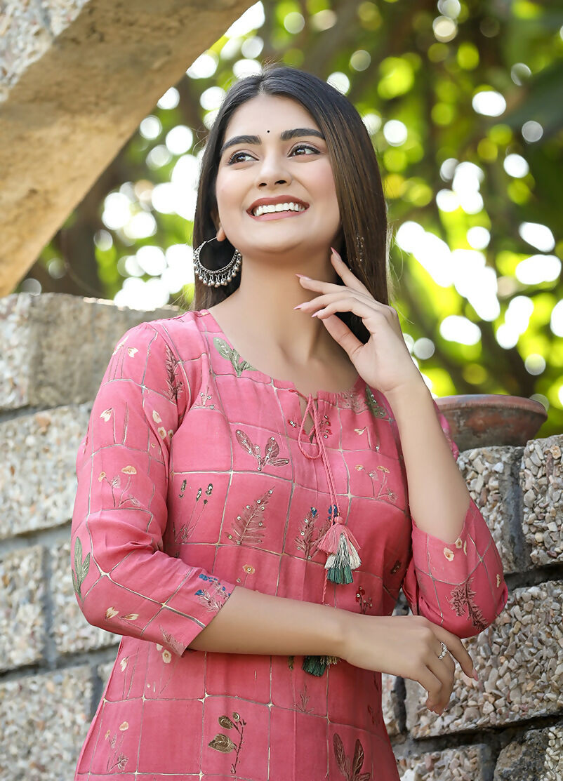 Kaajh Women's Pink Floral Printed Modal Silk Kurta Pant Set - Distacart