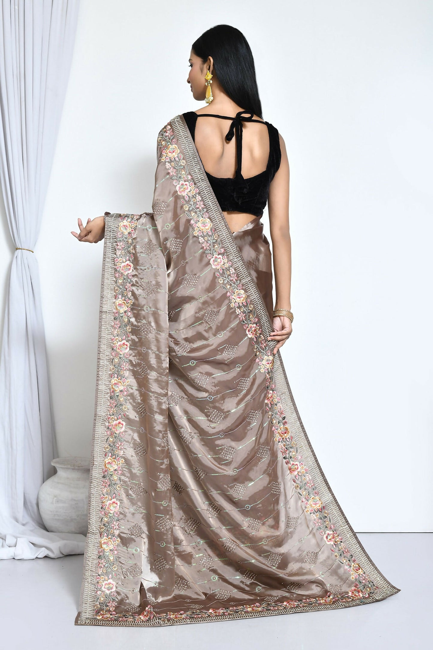 Brown Satin Silk Sequence Embroidered with Stone work Saree - Nimaya Benzy - Distacart