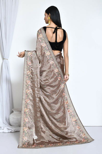 Brown Satin Silk Sequence Embroidered with Stone work Saree - Nimaya Benzy - Distacart