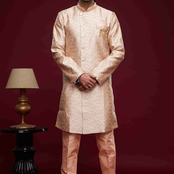 Raivat Ethnic Banarasi Jacquard Embroidery Semi Indo Western Sherwani In Peach Colour