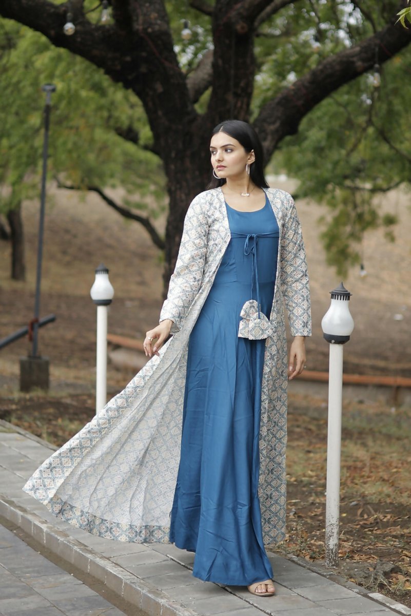 Aastha Fashion Women's Blue Designer Rayon Gown with Crochet Embroidery Work Shrug - Distacart