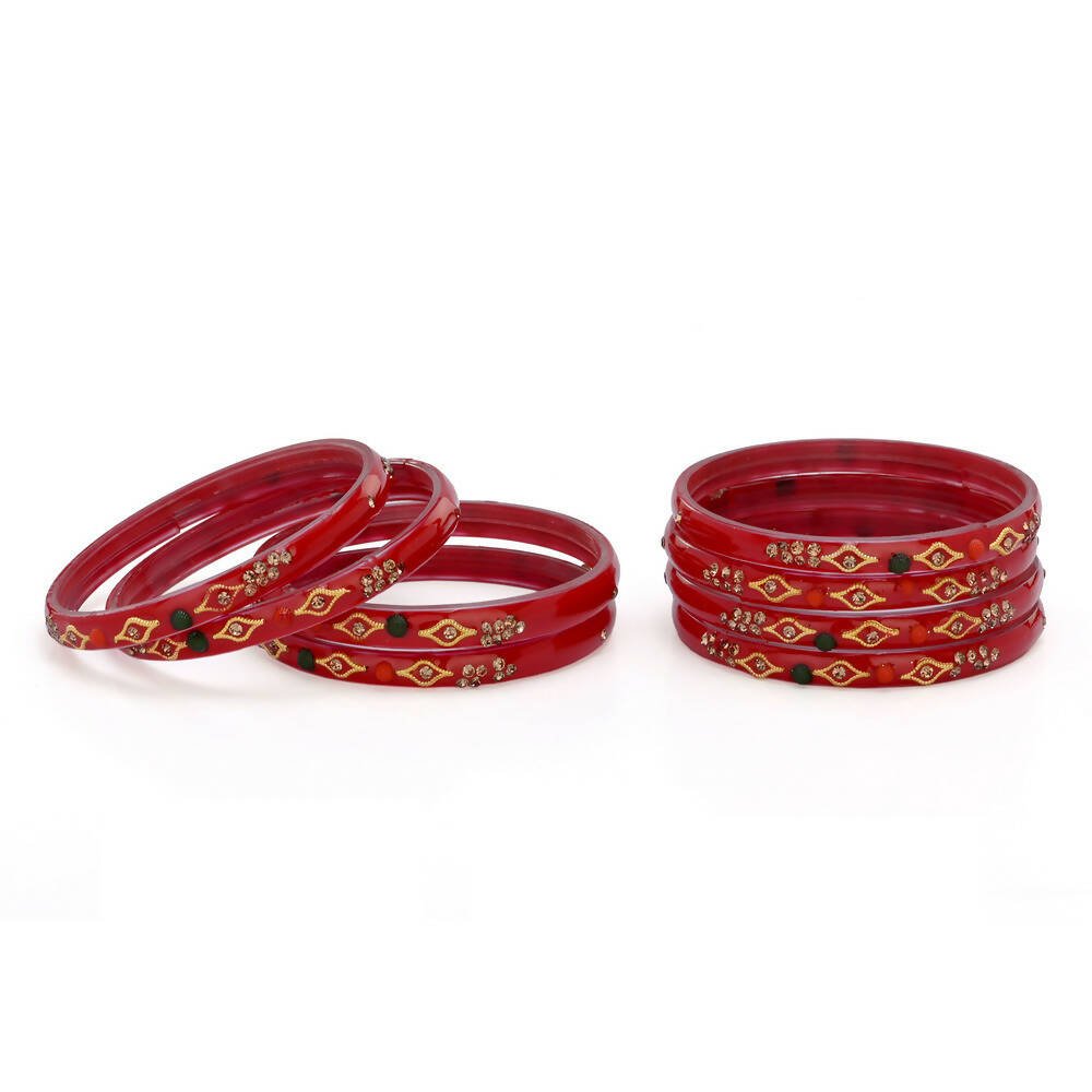 Afast Designer Fancy Party Bangle/ Kada Set, Red, Glass, Pack Of 8 - Distacart