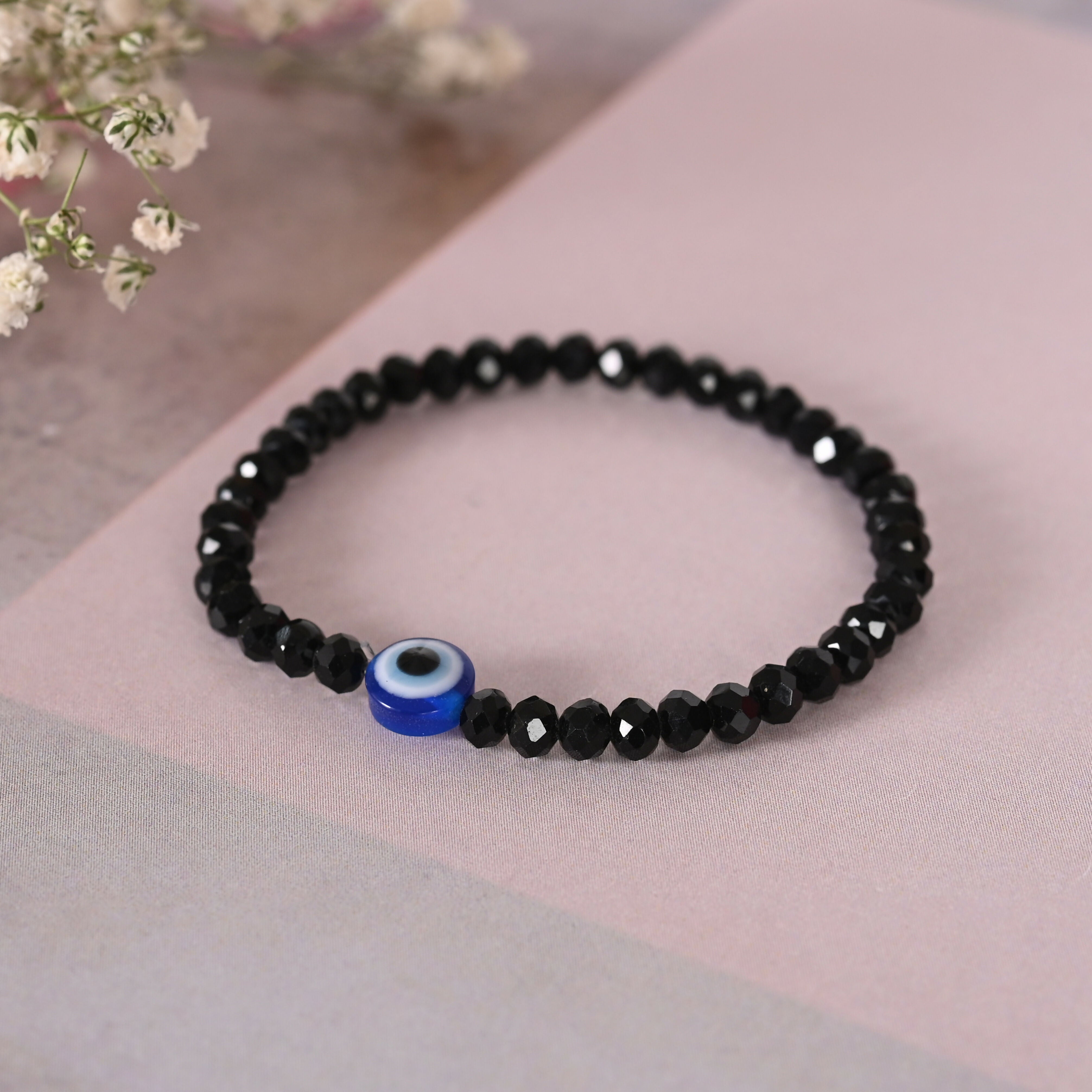 NVR Men & Women Black Evil Eye Crystal Elasticated Bracelet - Distacart