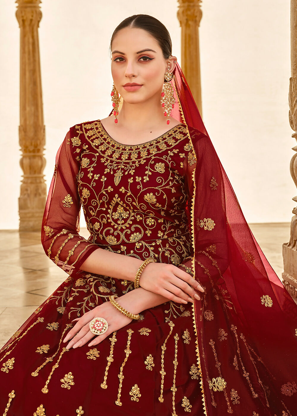Heavy Stone Embroidered Maroon Designer Anarkali Suit - Emponline - Distacart