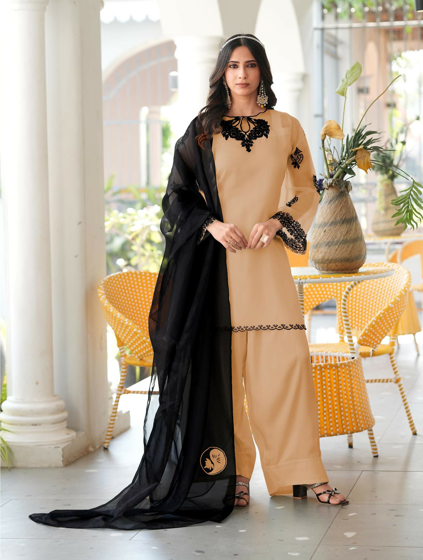 Nikhaar Light Brown Embroidered Organza Stitched Straight Cut Kurta Farshi Salwar Dupatta Readymade Suit - Dista