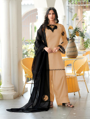 Nikhaar Light Brown Embroidered Organza Stitched Straight Cut Kurta Farshi Salwar Dupatta Readymade Suit - Dista