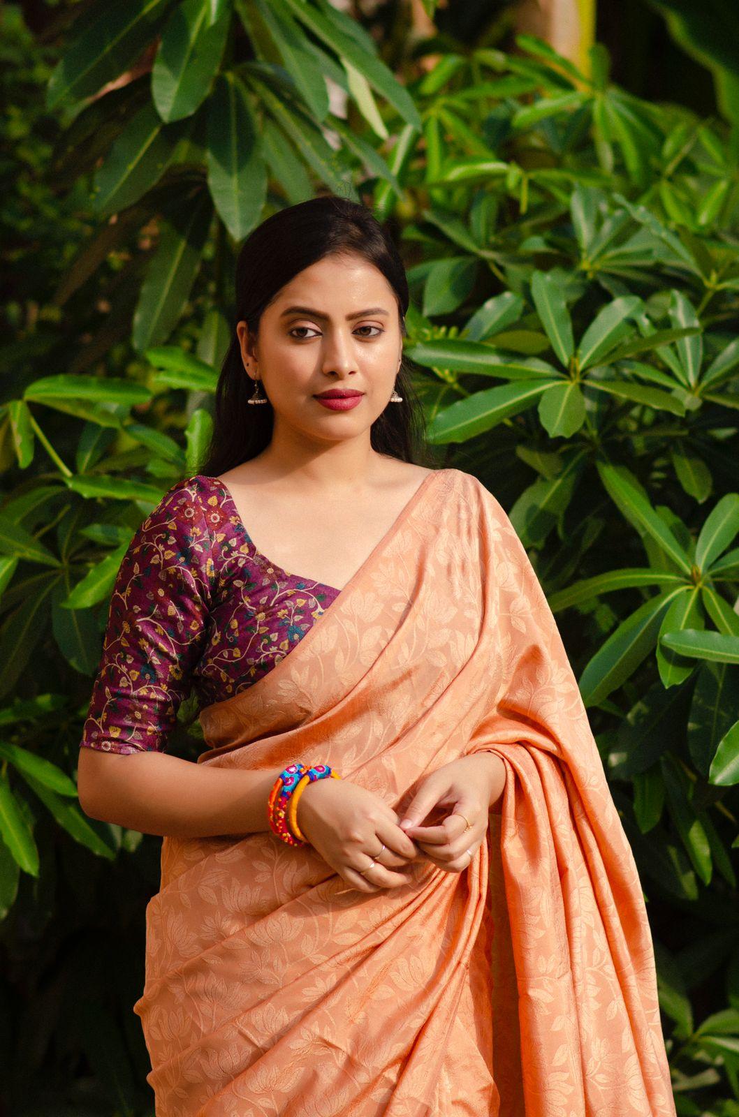 Orange Jute Silk Woven Design Saree with Unstitched Blouse - Hiral Fashion - Distacart