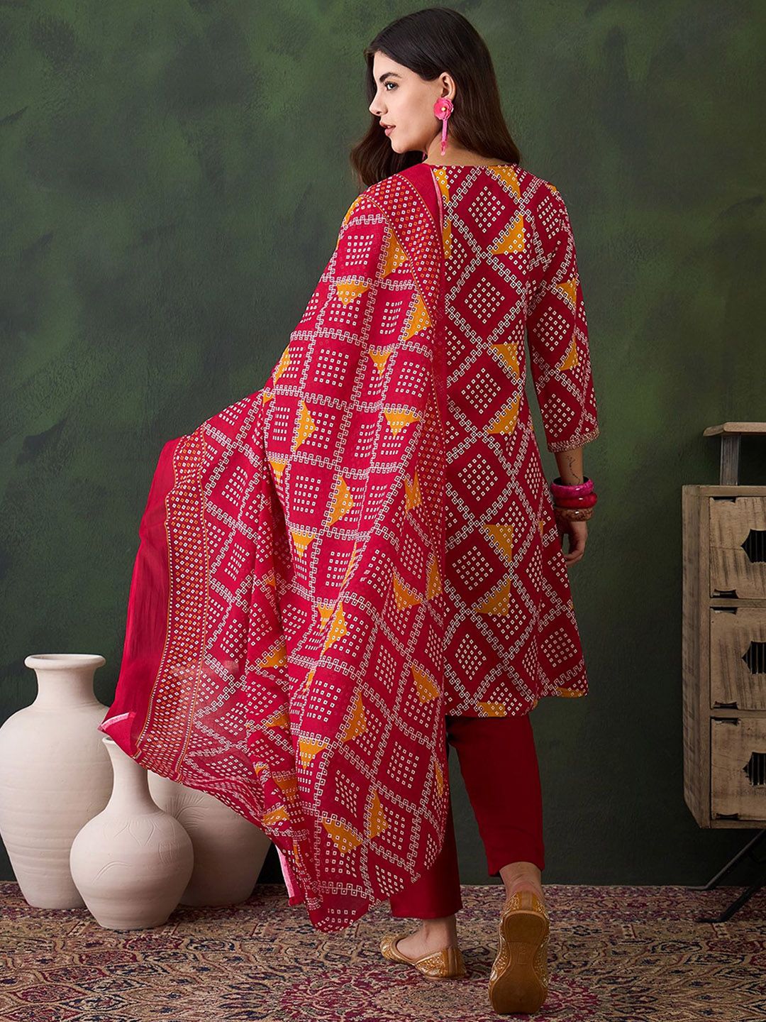Sangria Printed V- Neck Kurta, Trouser & Dupatta Set