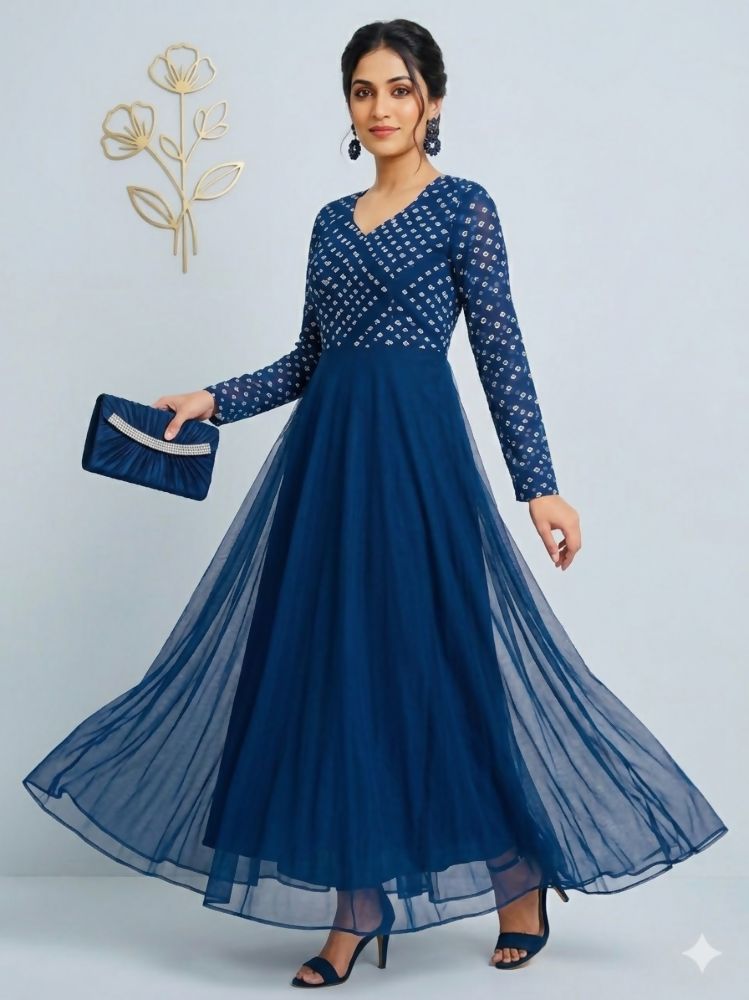 Teeya Creation Women's Teal Bandhani Print Anarkali Gown - Dista