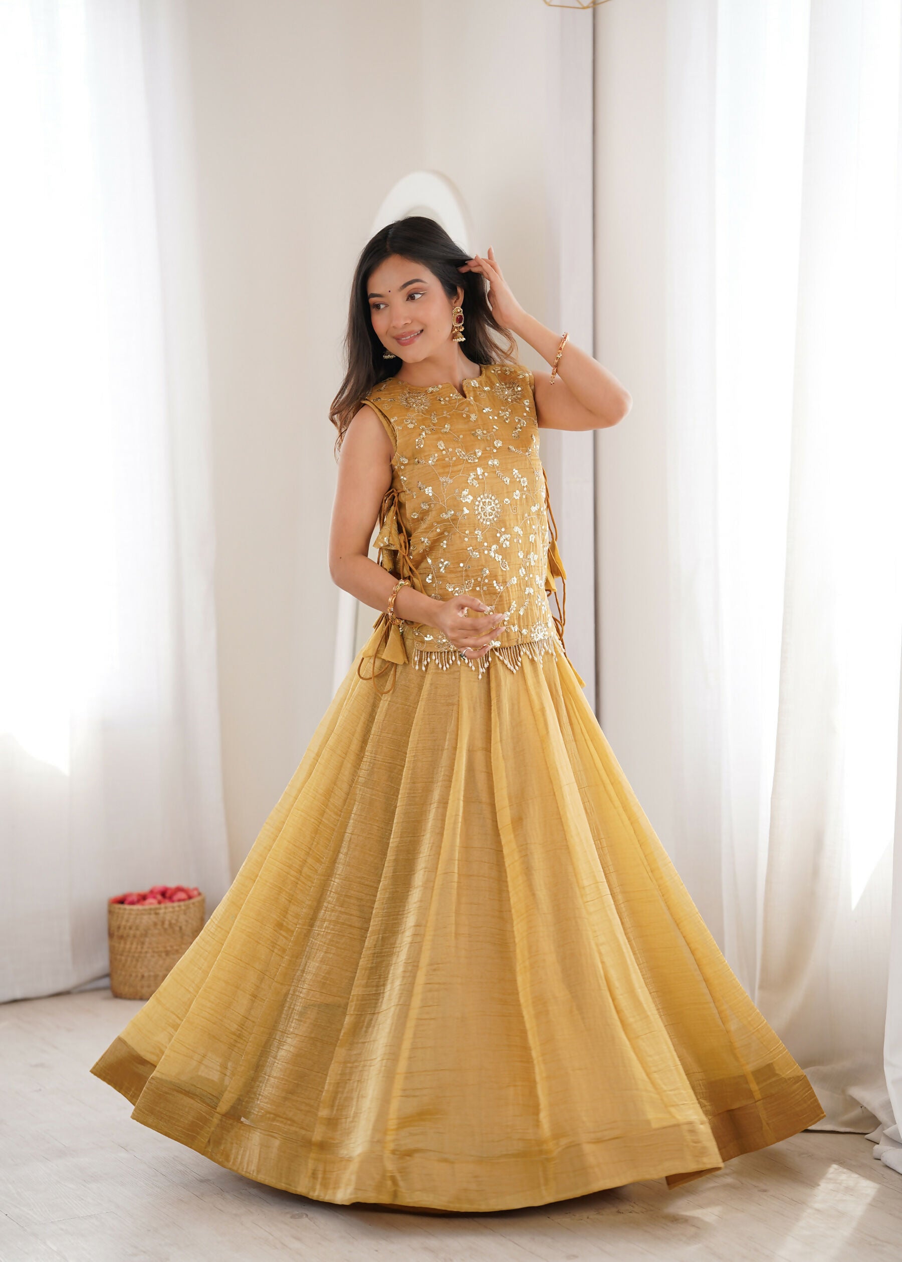 Lorenvalley Fashion Yellow Salsa Crush Plain Lehenga Choli with Koti - Dista