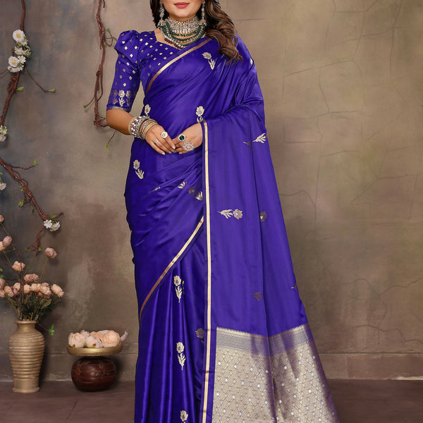 Joban Fashion Indigo Blue Floral & Botanical Motifs Satin Silk Banarasi Silk Saree - Distacart