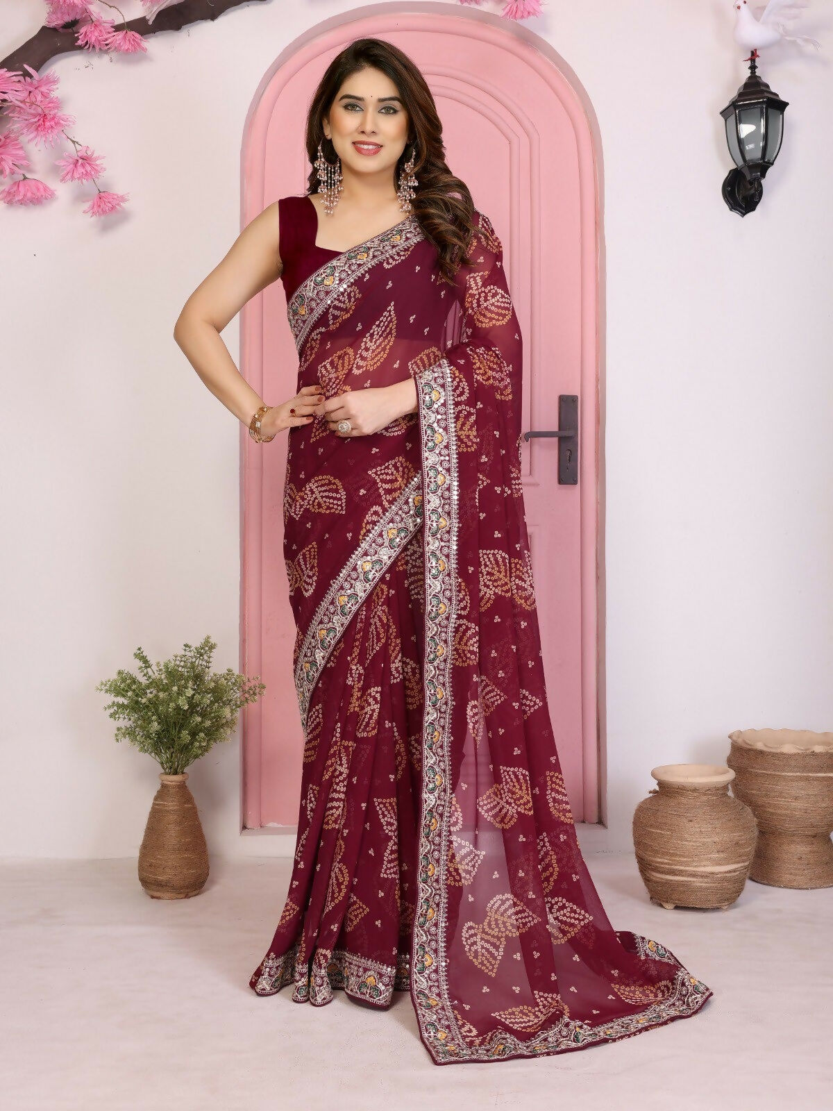 Ai Fashion Wine Georgette Rajwadi Bandhani Print Party Wear Saree