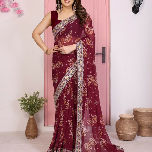 Ai Fashion Wine Georgette Rajwadi Bandhani Print Party Wear Saree