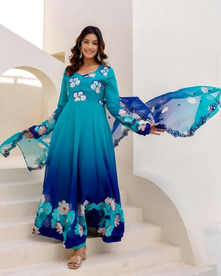 Teeya Creation Multi Color Taby Organza Silk Printed Party Wear Gown