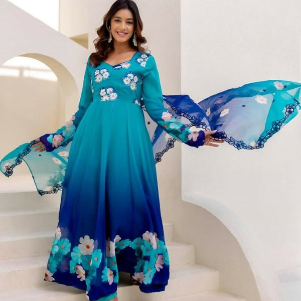 Teeya Creation Multi Color Taby Organza Silk Printed Party Wear Gown