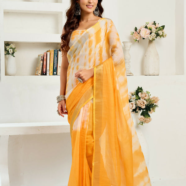Vastranavya Yellow White Digital Printed Linen Ready To Wear Designer Saree with Unstitched Blouse - Distacart