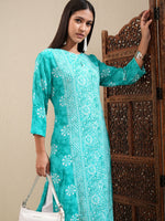 Thumbnail for Vishudh Green Floral Printed Keyhole Neck Straight Kurta - Distacart
