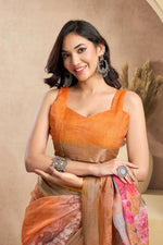 Thumbnail for Vastranavya Orange Digital Printed Linen Ready To Wear Designer Saree with Unstitched Blouse - Distacart