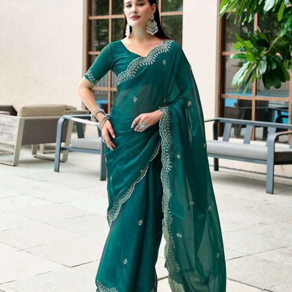 Vastranavya Rama Embroidery Work Shimmer Chiffon Saree with Unstitched Blouse