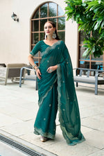 Thumbnail for Vastranavya Rama Embroidery Work Shimmer Chiffon Saree with Unstitched Blouse