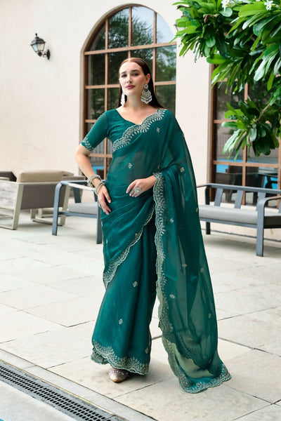Vastranavya Rama Embroidery Work Shimmer Chiffon Saree with Unstitched Blouse