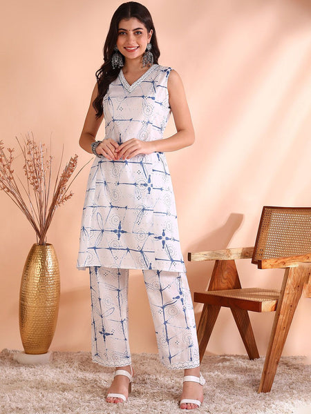 Ode by House of Pataudi Geometric Printed V-Neck Pure Cotton Straight Kurta With Trouser - Distacart