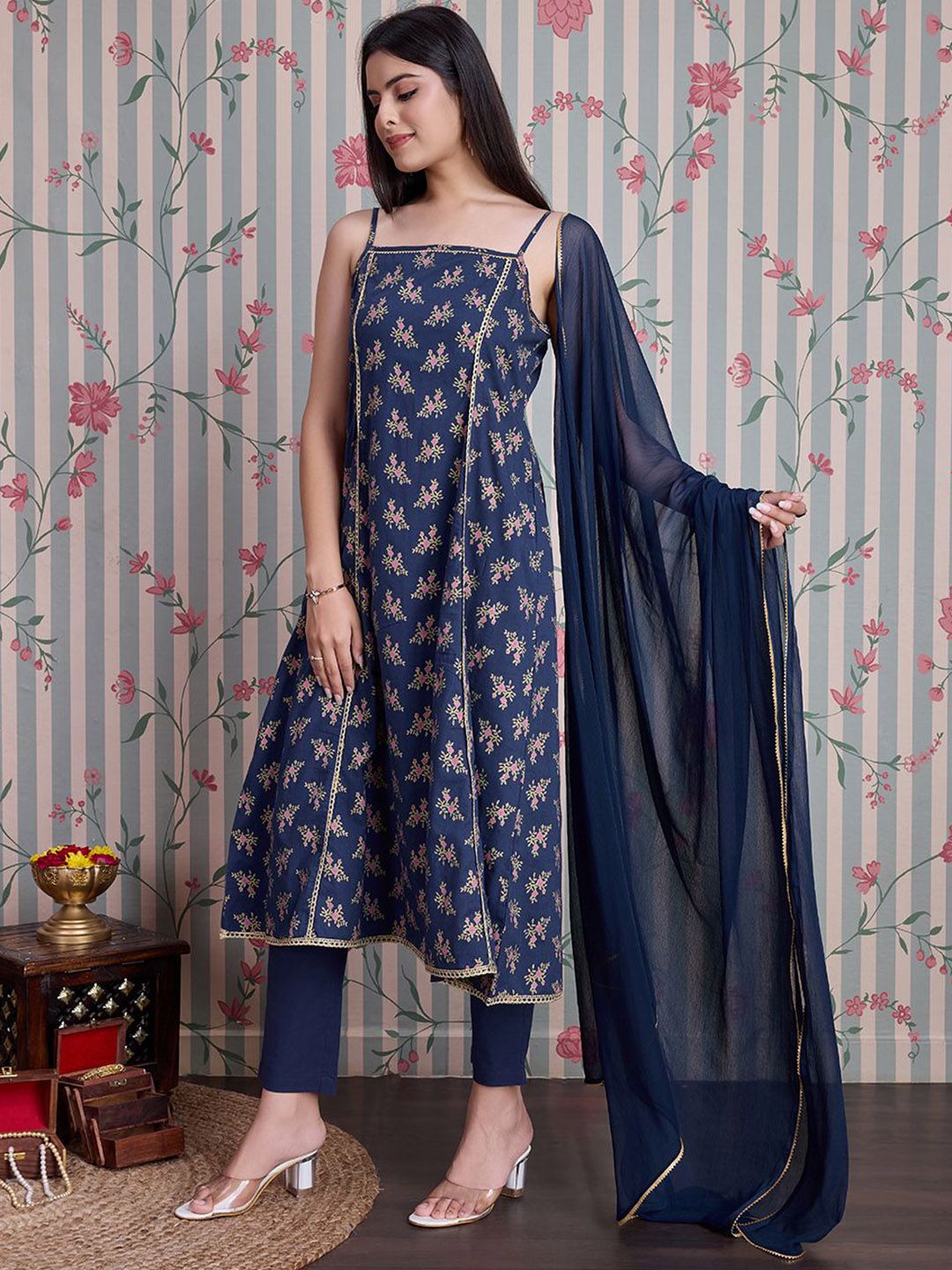 Ode by House of Pataudi Floral Printed Gotta Patti Pure Cotton Anarkali Kurta Set - Distacart