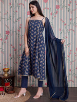 Thumbnail for Ode by House of Pataudi Floral Printed Gotta Patti Pure Cotton Anarkali Kurta Set - Distacart