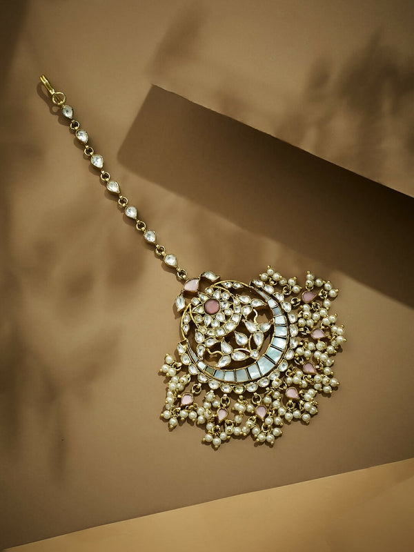 Nuyug 22K Gold-Plated Pearls & Pink Kundan Studded Statement Maang Tikka Head Jewellery