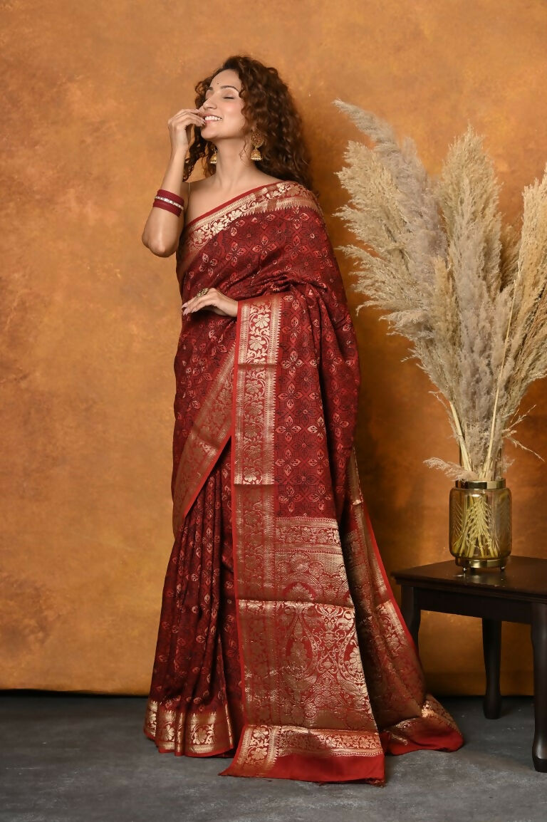 Very Much Indian Modal Silk Ajrakh Handblock Printed Natural Dyes With Designer Border Saree - Red - Distacart