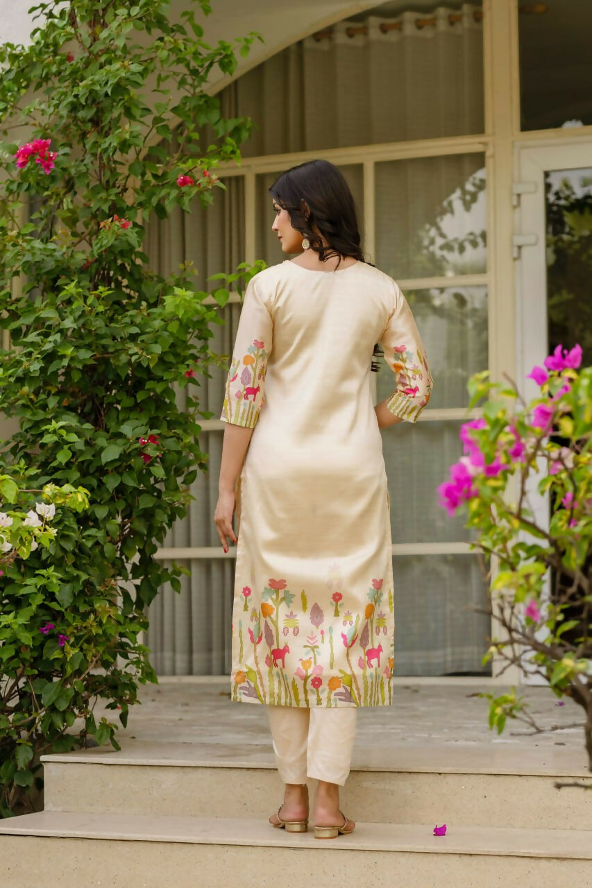 Preksha Creation Off-White Viscose Assam Silk Embroidered Beads Kurta Set With Dupatta And Pant