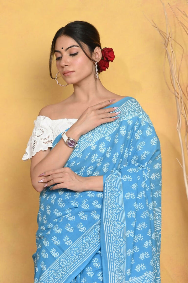 Very Much Indian Handblock Printed Cotton Saree With Natural Dyes - Sky Blue - Distacart