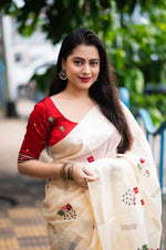 Thumbnail for Cream Silk Blend Ethnic Motifs Saree with Unstitched Blouse - A2M