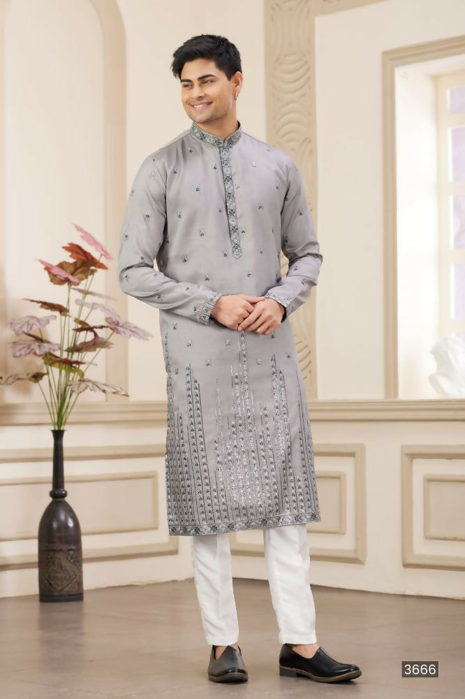 Raivat Ethnic Art Silk Thread Work Kurta Pajama In Grey Colour