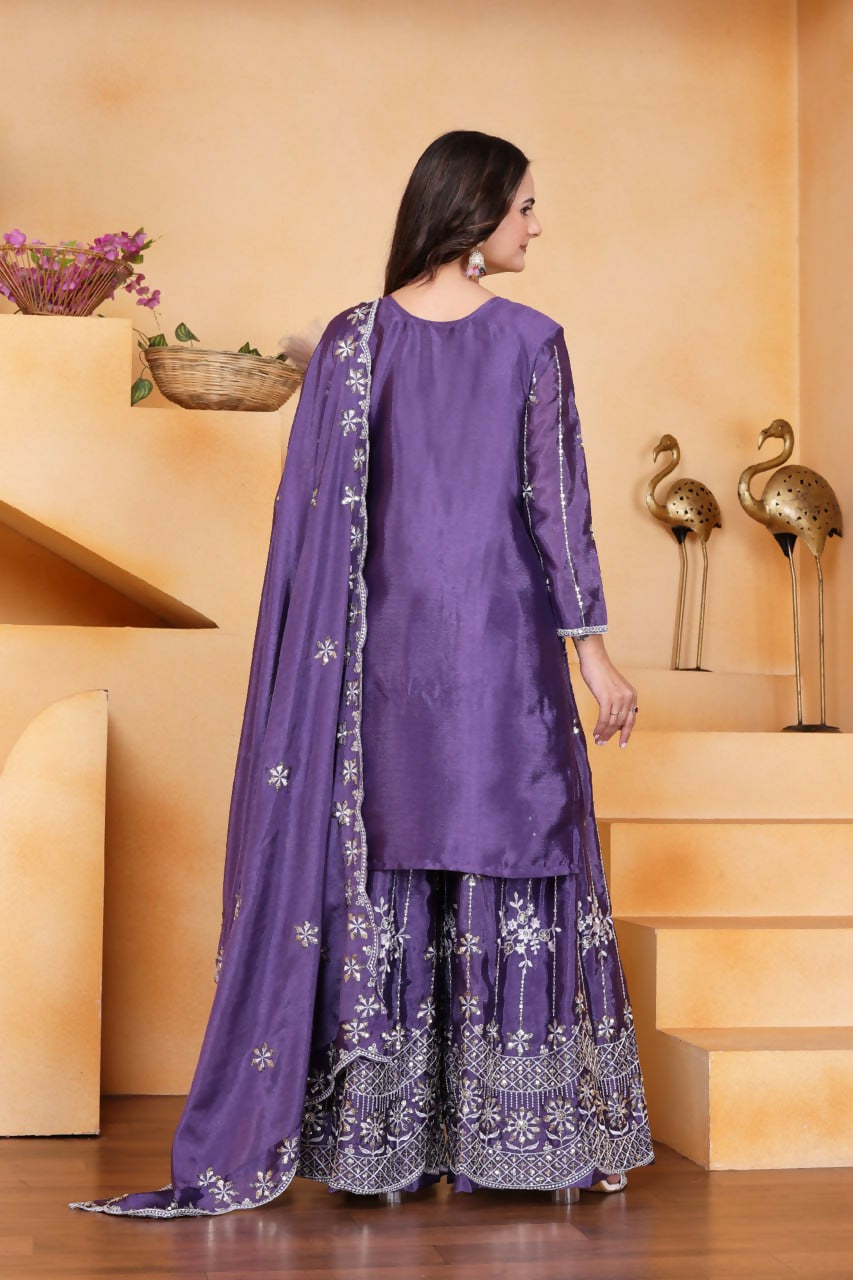 Joban Fashion Purple Silk Embroidered Sharara Set - Distacart