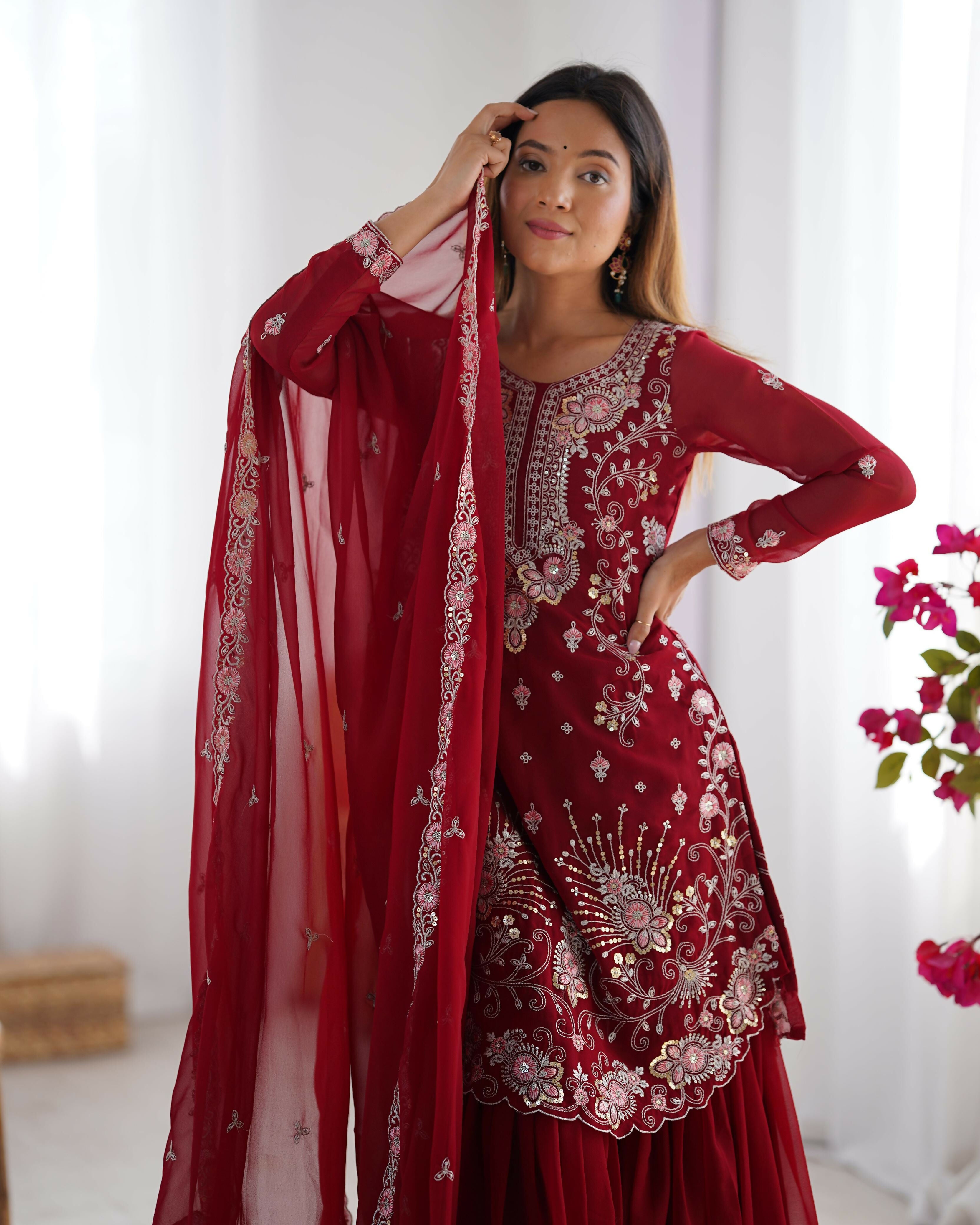 Joban Fashion red Sharara Georgette Thread with Sequins work